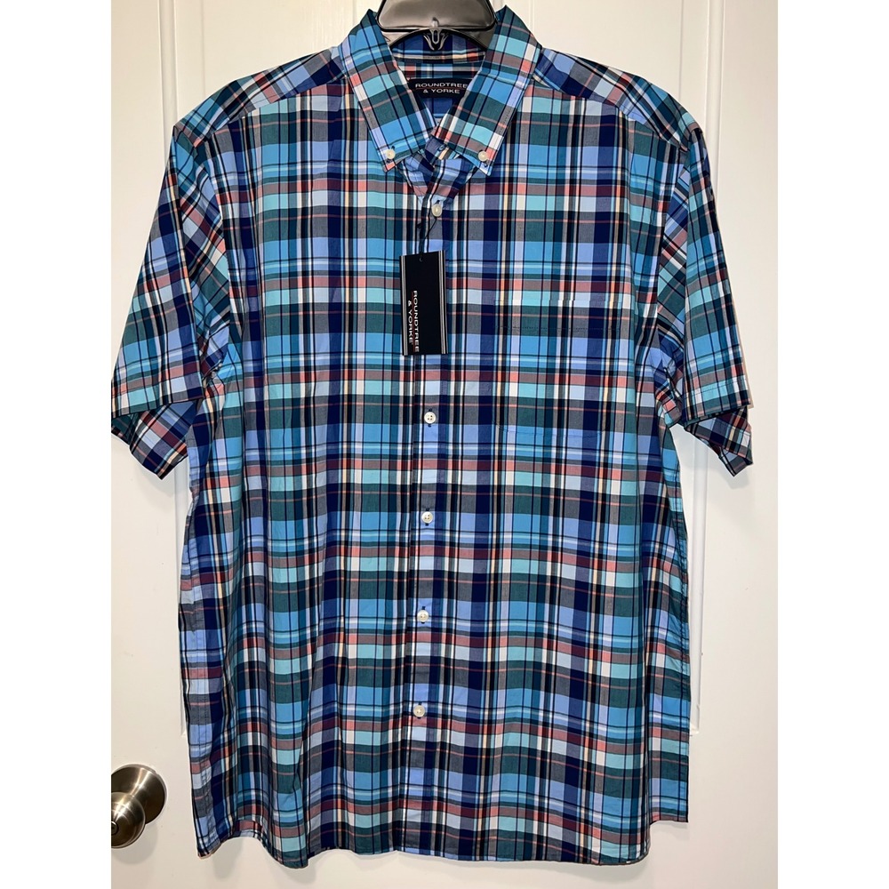 NWT Roundtree & Yorke Men Large Blue Plaid Short Sleeve Button Down Cotton Shirt